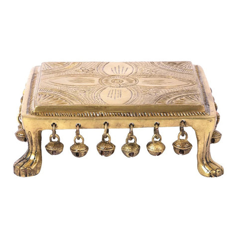 Brass Carving Design Chowki with Bells, Brass Pooja Chowki for Home Temple, Brass Pooja Chowki for God Idols (Design 45)