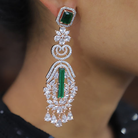 Green Stones Gold American Diamond Contemporary Earrings Jhumki (E147) - PAAIE