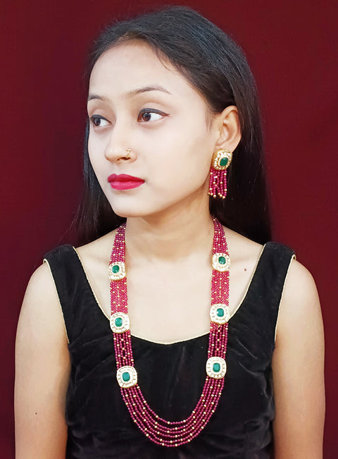 Designer Royal Kundan & Green Bead Long Necklace with Earrings (D250)