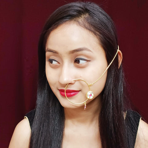 Gold Plated Royal Kundan Studded Nose Ring with Chain - NATH (Design 9)