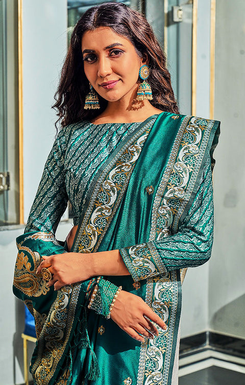 Aqua Teal Color Party Wear Banarasi Silk Designer Saree - PAAIE