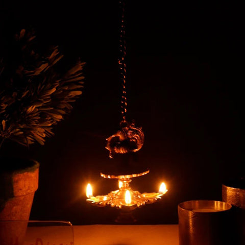Handmade Peacock Design 4 Oil Wick Brass Hanging Diya, Temple Decor, Home Decor Oil Diya Lamp, Indian Handicraft Diya, Handmade Lamp (Design 47)