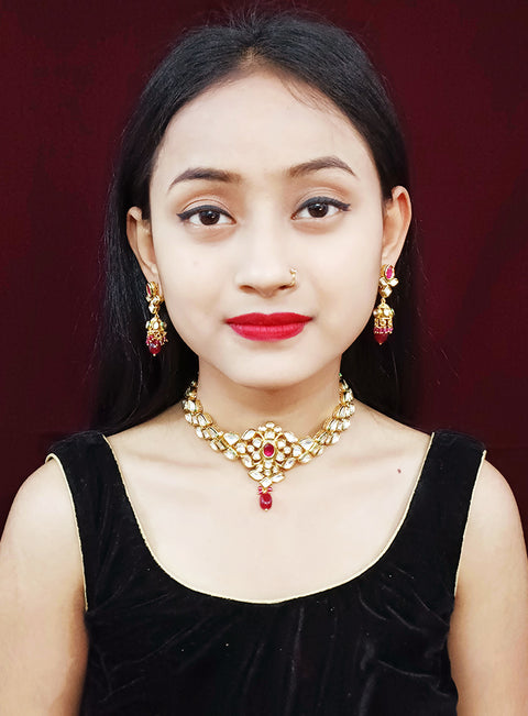 Designer Gold Plated Multi Layer Royal Kundan & Ruby Necklace with Earrings (D254)