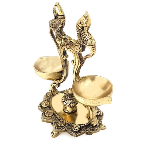 Ethnic Peacock Design Twin Oil Wick Brass Diya, Indian Decor Diya, Pooja Decor, Brass Oil Lamp, Handmade Lamp, Indian Homeware, Indian Art (Design 44)