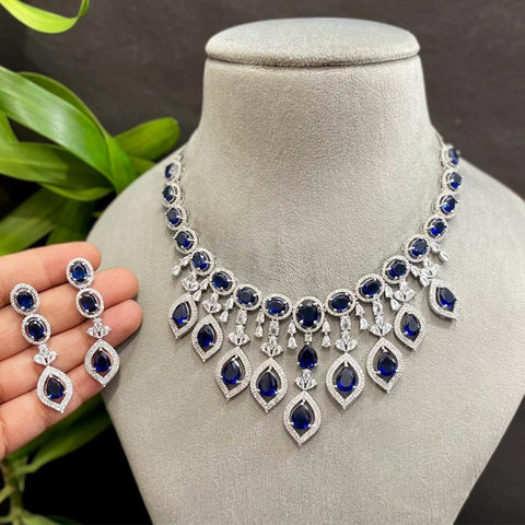 Designer Semi-Precious American Diamond & Blue Sapphire Necklace with Earrings (D308)