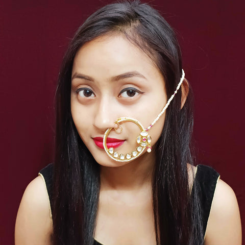 Gold Plated Royal Kundan Studded Nose Ring with Chain - NATH (Design 17)