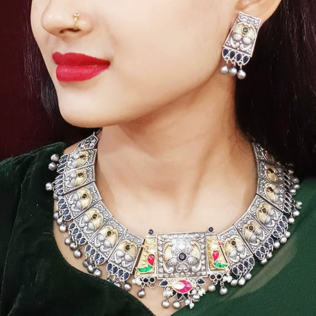 Designer Silver Oxidized & Gold Enameled Blue Beaded Necklace Set (D269)