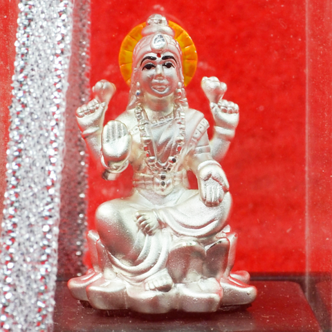 999 Pure Silver Square Lakshmi Idol with Orange Headrest - PAAIE
