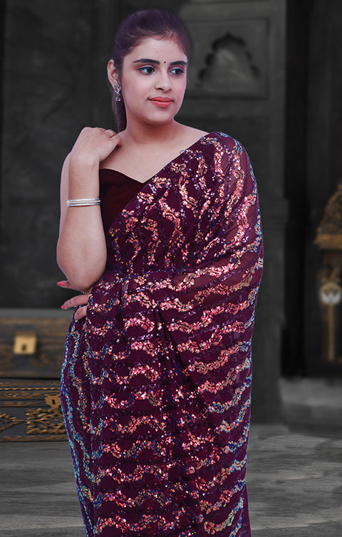 Designer Wine Color Sequins Net Saree For Party Wear (D621)