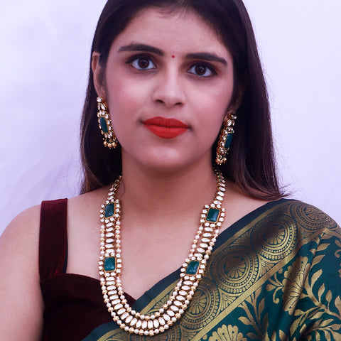 Designer Royal Kundan & Green Emerald Beads Long Necklace with Earrings (D517)