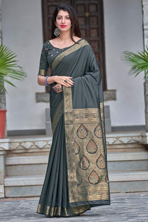 Ravishing Grey Color Party Wear Banarasi Silk Designer Saree - PAAIE