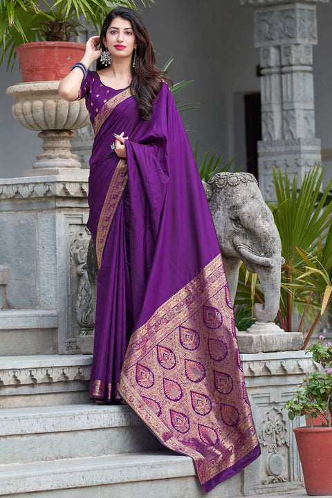 Appealing Purple Color Party Wear Soft Banarasi Silk Designer Saree
