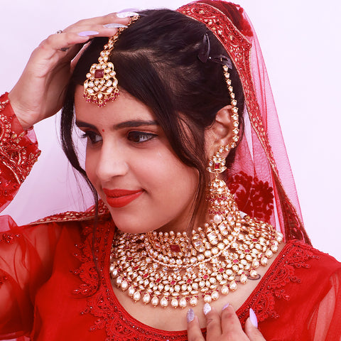 Designer Bridal Gold Plated Royal Kundan & Ruby Necklace (D521)