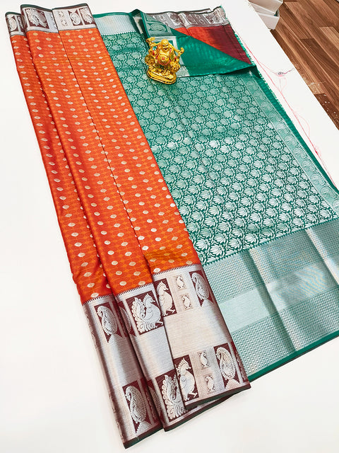 Designer Orange/Green Pure Zari And Kanchi Semi Fancy Silk Sarees (D523)