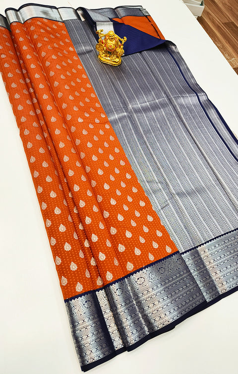 Designer Orange/Navy Blue Pure Zari And Kanchi Semi Fancy Silk Sarees (D530)
