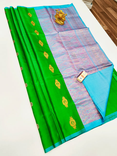 Designer Green/Blue Pure Zari And Kanchipuram Pure Soft Silk Sarees (D536)