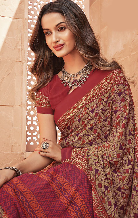Designer Maroon & Brown Color Printed Saree For Casual & Party Wear (D658)