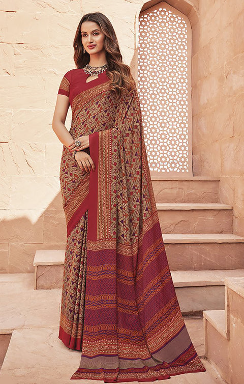 Designer Maroon & Brown Color Printed Saree For Casual & Party Wear (D658)