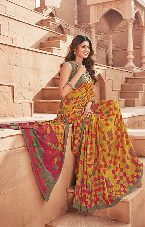 Designer Mustard Yellow & Brown Color Printed Saree For Casual & Party Wear (D660)