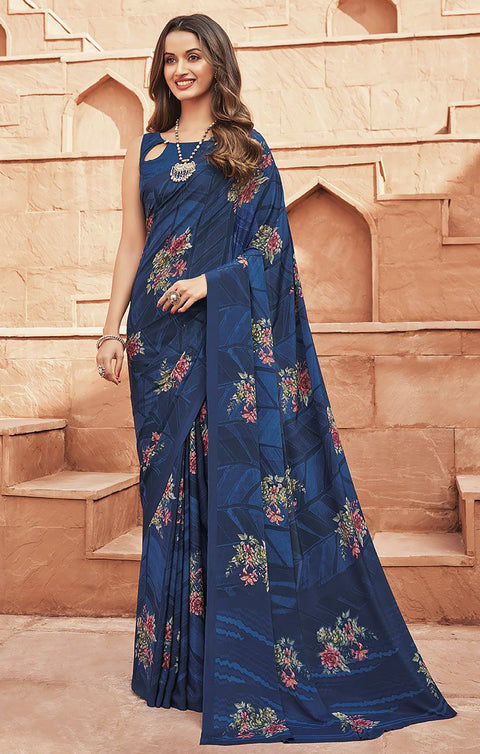 Designer Navy Blue Color Printed Saree For Casual & Party Wear (D661)