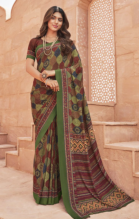 Designer Olive Green & Wine Color Printed Saree For Casual & Party Wear (D664)