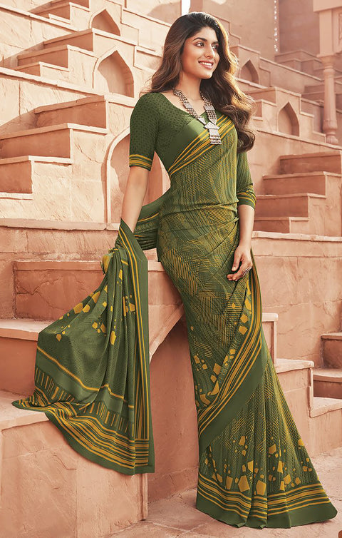 Designer Olive Green Color Printed Saree For Casual & Party Wear (D667)