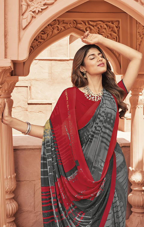 Designer Gray & Maroon Color Printed Saree For Casual & Party Wear (D668)