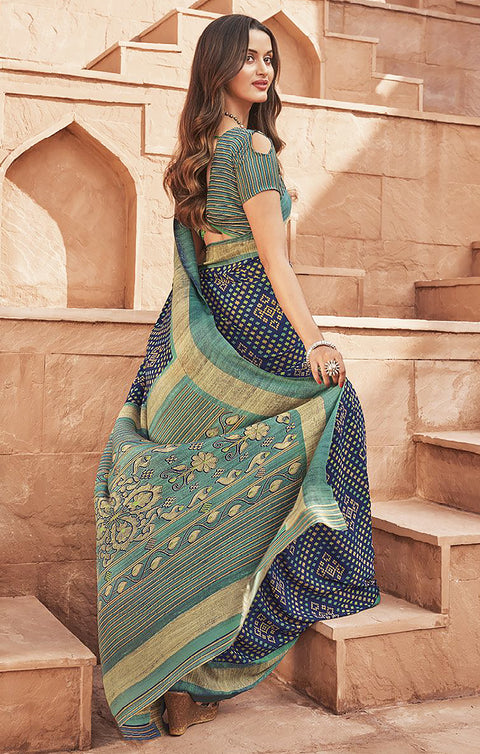 Designer Navy Blue & Teal Green Color Printed Saree For Casual & Party Wear (D669)