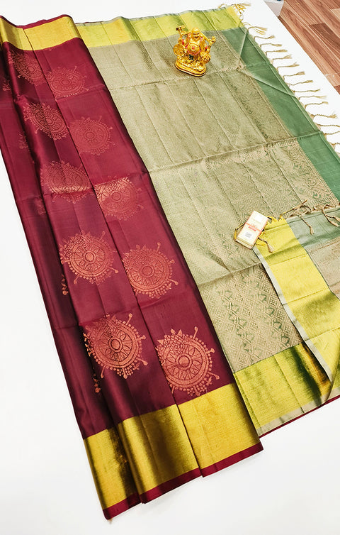 Designer Wine/Green Pure Zari And Kanchipuram Pure Soft Silk Sarees (D545)