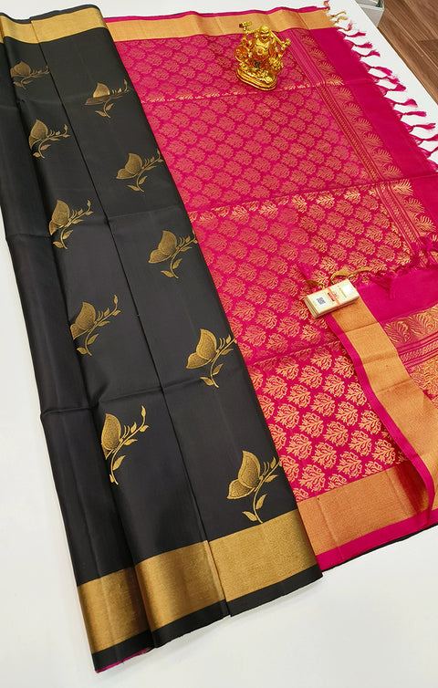 Designer Black/Magenta Pure Zari And Kanchipuram Pure Soft Silk Sarees (D553)