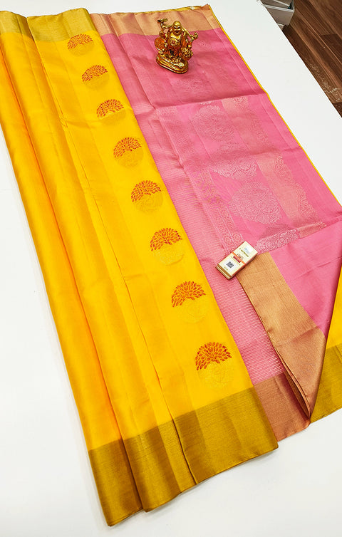Designer Yellow/Pink Pure Zari And Kanchipuram Pure Soft Silk Sarees (D568)