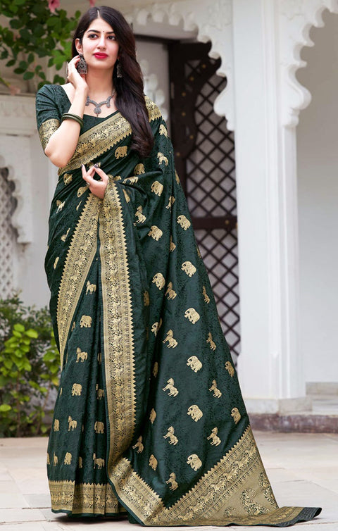 Striking Dark Green Color Party Wear Banarasi Silk Designer Saree