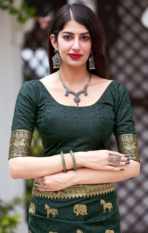 Striking Dark Green Color Party Wear Banarasi Silk Designer Saree
