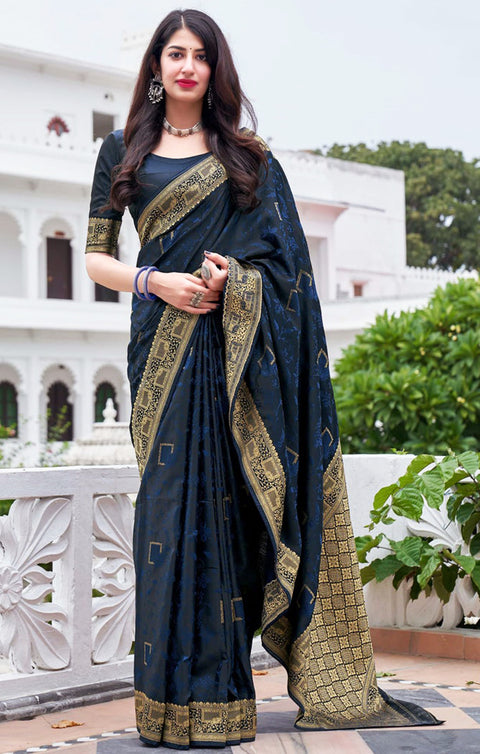 Navy Blue Color Party Wear Banarasi Silk Designer Saree