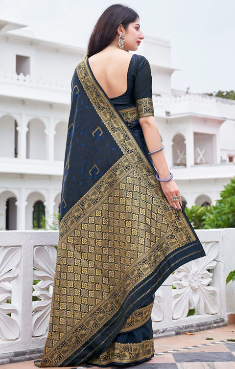 Navy Blue Color Party Wear Banarasi Silk Designer Saree