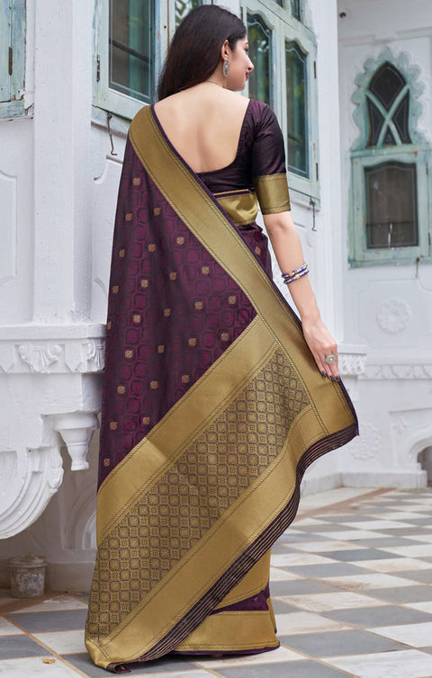 Sensational Wine Color Party Wear Banarasi Silk Designer Saree