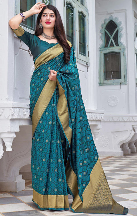 Peacock Blue Color Party Wear Banarasi Silk Designer Saree