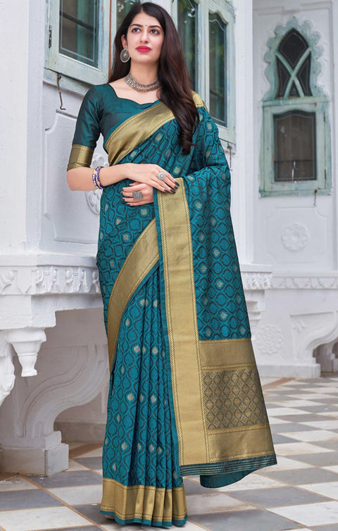 Peacock Blue Color Party Wear Banarasi Silk Designer Saree