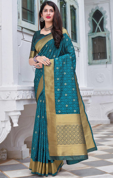 Peacock Blue Color Party Wear Banarasi Silk Designer Saree