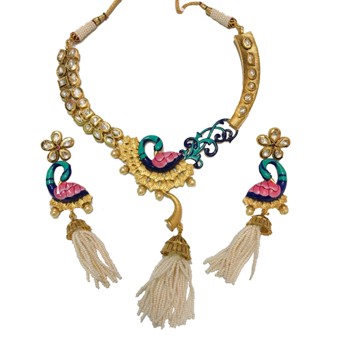 Gold Plated Designer Peacock Necklace Set - PAAIE
