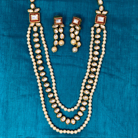 Multiple Line Pearl and Kundan Long Necklace - PAAIE