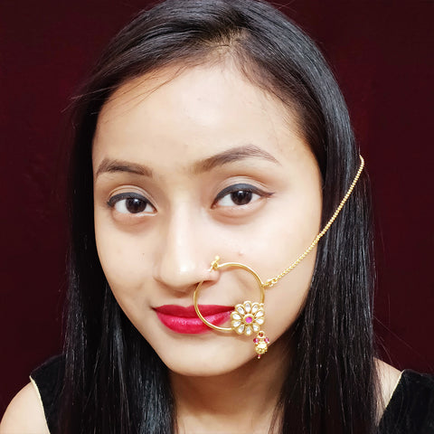 Gold Plated Royal Kundan Studded Nose Ring with Chain - NATH (Design 7)