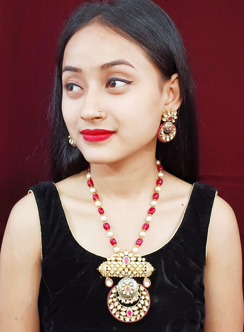 Designer Gold Plated Royal Kundan Pendant with Red & White Beaded Chain Set (D243)