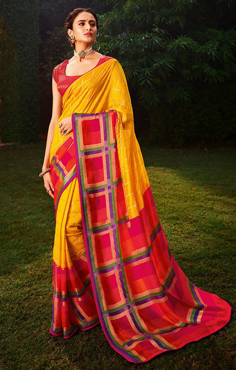 Designer Yellow/Magenta Brasso Printed Saree for Casual Wear (D440)