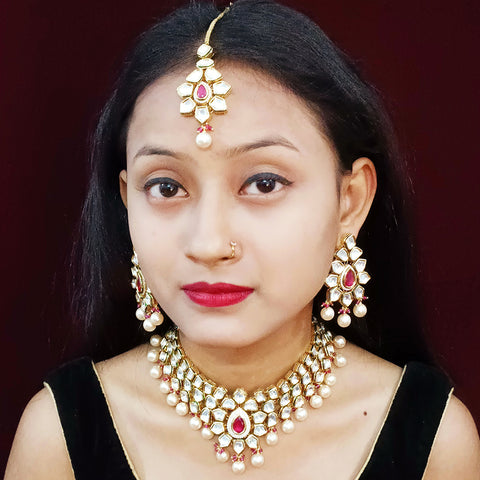 Designer Gold Plated Three Layer Royal Kundan & Pearl Necklace with Earrings (D261)