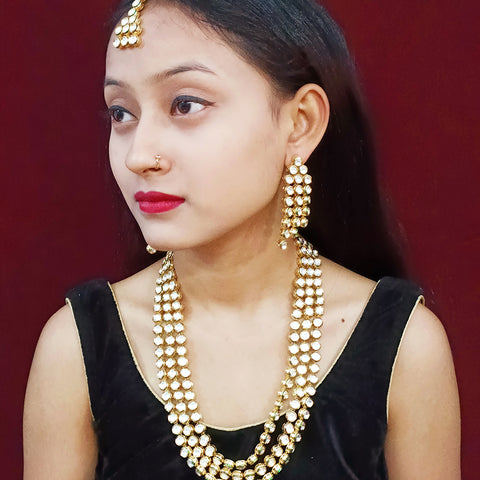 Designer Gold Plated Three Layer Royal Kundan Long Necklace with Earrings (D263)