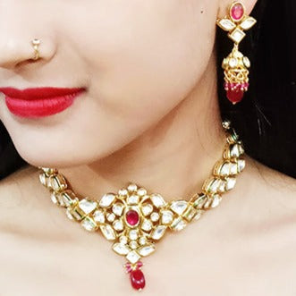 Designer Gold Plated Multi Layer Royal Kundan & Ruby Necklace with Earrings (D254)