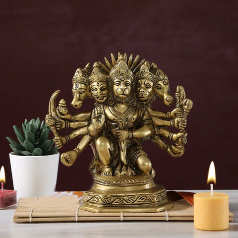 Seated Panchmukhi Hanuman Brass Statue, Hindu Monkey Deity Brass Hanuman Statuette, Hindu God Idols, Bajrang Bali Statue (Design 39)