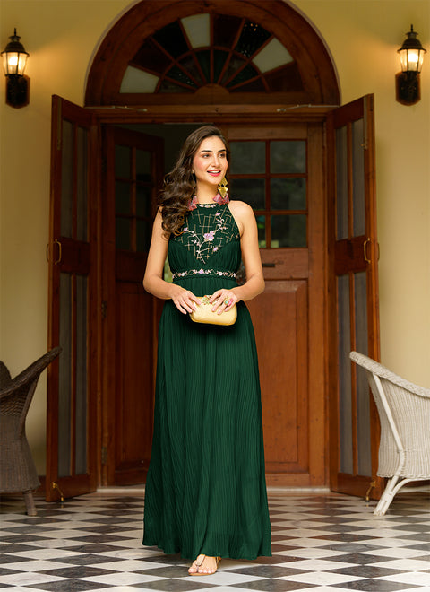 Beautiful Green Georgette Embellished Indo Western Maxi Gown (K795)