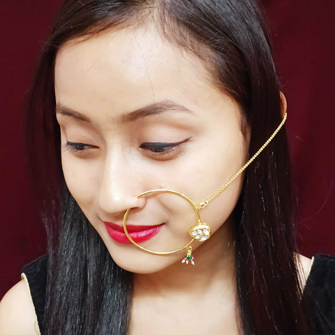 Gold Plated Royal Kundan Studded Nose Ring with Chain - NATH (Design 4)